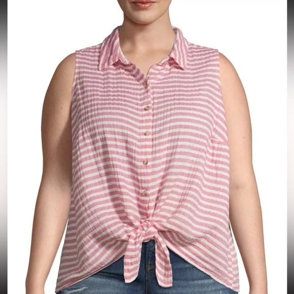 Terra & Sky Womens Plus 3X(24W-26W) Double Cloth Tank, Pink Stripe - Picture 1 of 12